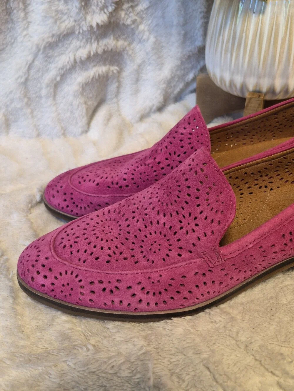 Clarks Magenta Suede Laser-Cut Loafers